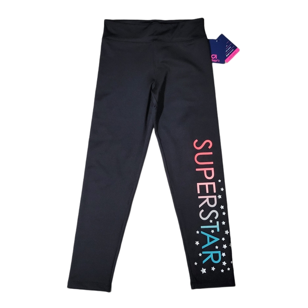GapFit Girls Black Leggings with Multicolor 'SUPERSTAR' Print